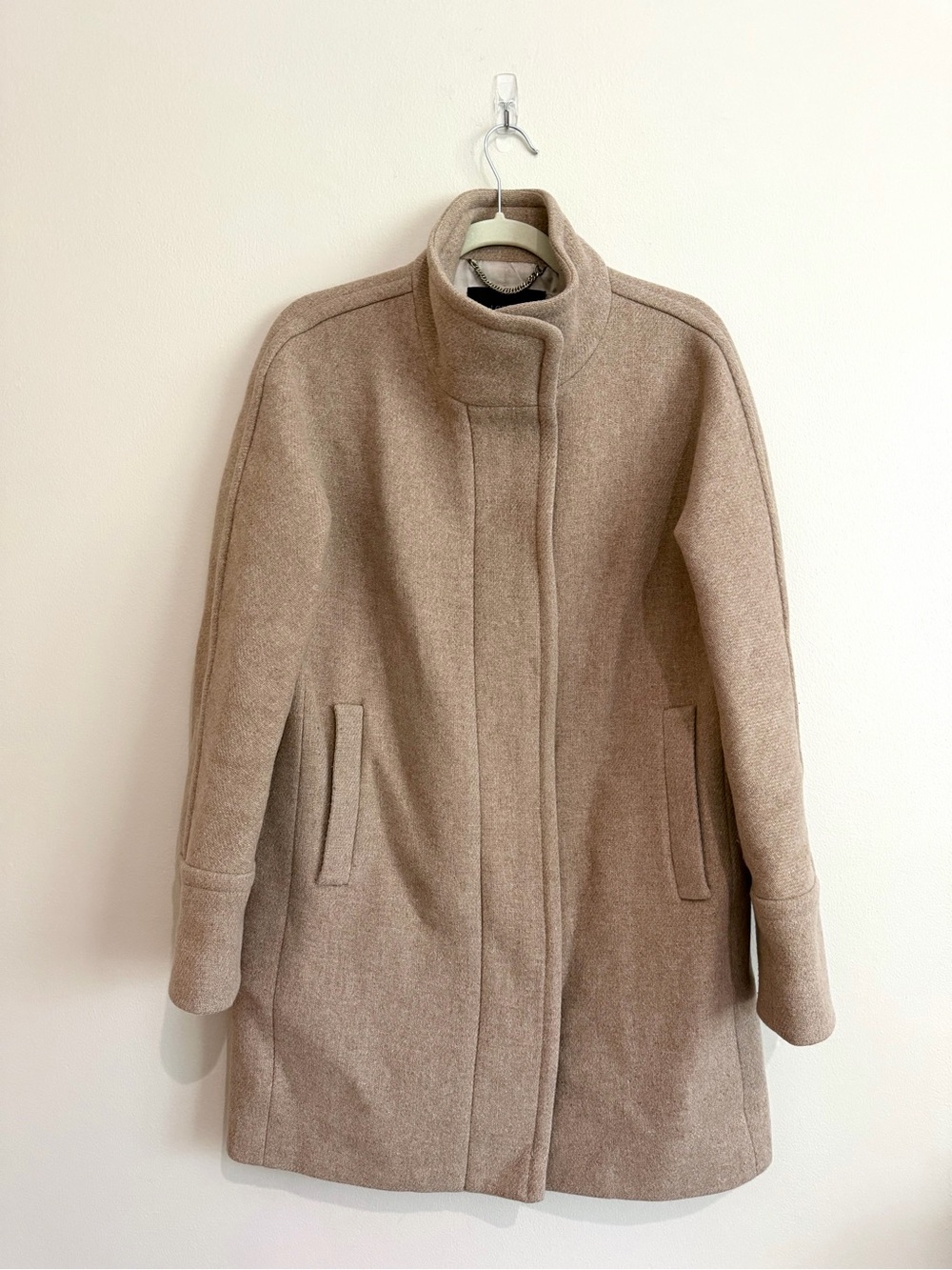 J. Crew Stadium Cloth Wool Cocoon Funnel Neck Pea Coat in Camel Beige Sz 8